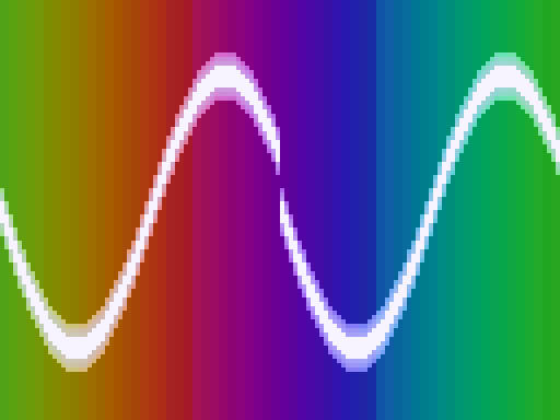 P69 chip-rendered animation — scrolling sine wave on a hue-rotating gradient